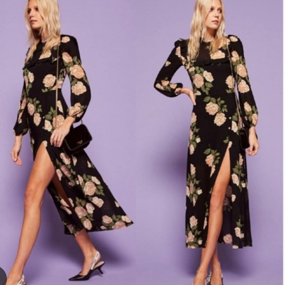 Reformation Gillian dress long sleeve black floral